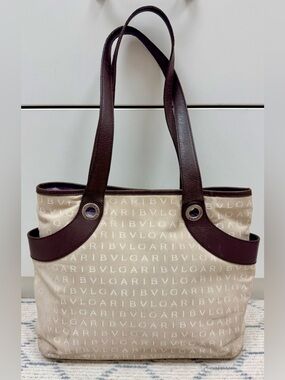 BVLGARI Vintage Y2K Brown Signature Logomania Monogram Canvas Tote Shoulder Bag